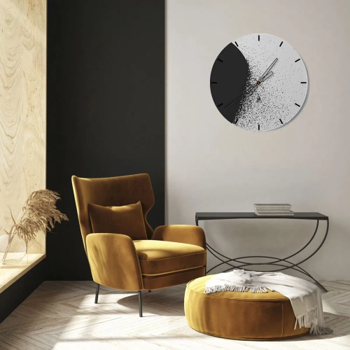 Wall clock - Clock on glass - Black and white abstract pattern with scattered dots - 30x30cm - Movement of Particles - Modern wall decoration for the living room, kitchen, and bedroom ARTTOR