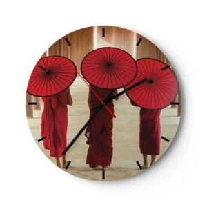 Wall clock - Clock on glass - Three monks in red robes with umbrellas - 30x30cm - On the Way to Pure Country - Modern wall decoration for the living room, kitchen, and bedroom ARTTOR
