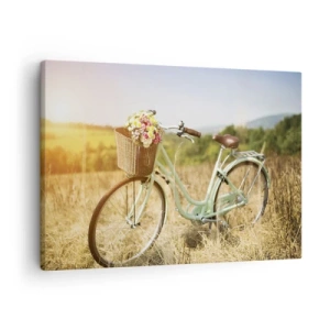 Canvas picture - A retro bicycle with a basket full of flowers against a meadow background. - 70x50cm - I will Stay Here for a While - Modern wall decoration for the living room and bedroom ARTTOR