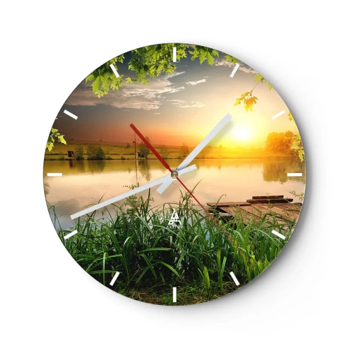 Wall clock - Clock on glass - Picturesque view of the lake at sunset - 30x30cm - Landscape in a Green Frame - Modern wall decoration for the living room, kitchen, and bedroom ARTTOR
