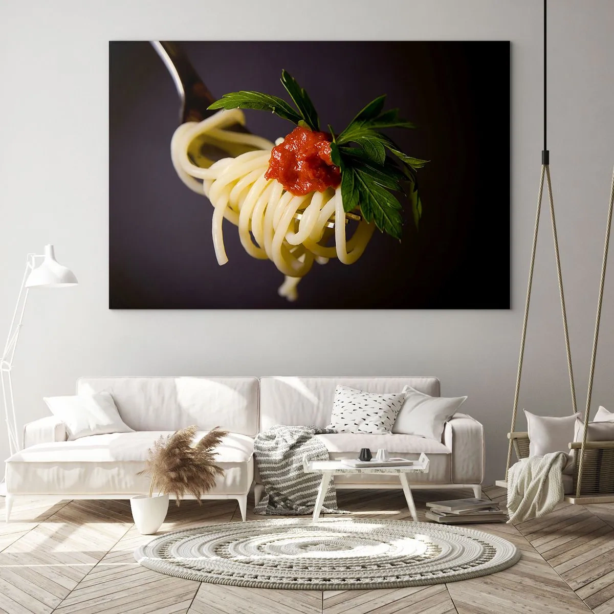 Glass picture - Spaghetti pasta on a fork with tomato sauce - 70x50cm - Tasty Bite - Modern wall decoration for the living room and bedroom ARTTOR