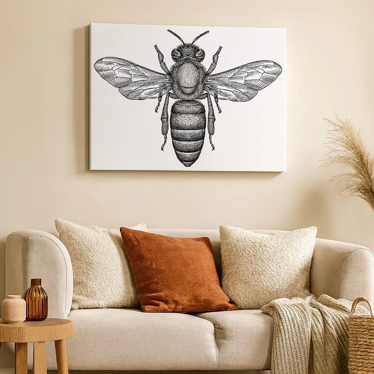 Canvas picture - A cartoon bee motif on a white background in a minimalist style. - 70x50cm - Insect Portrait - Modern wall decoration for the living room and bedroom ARTTOR