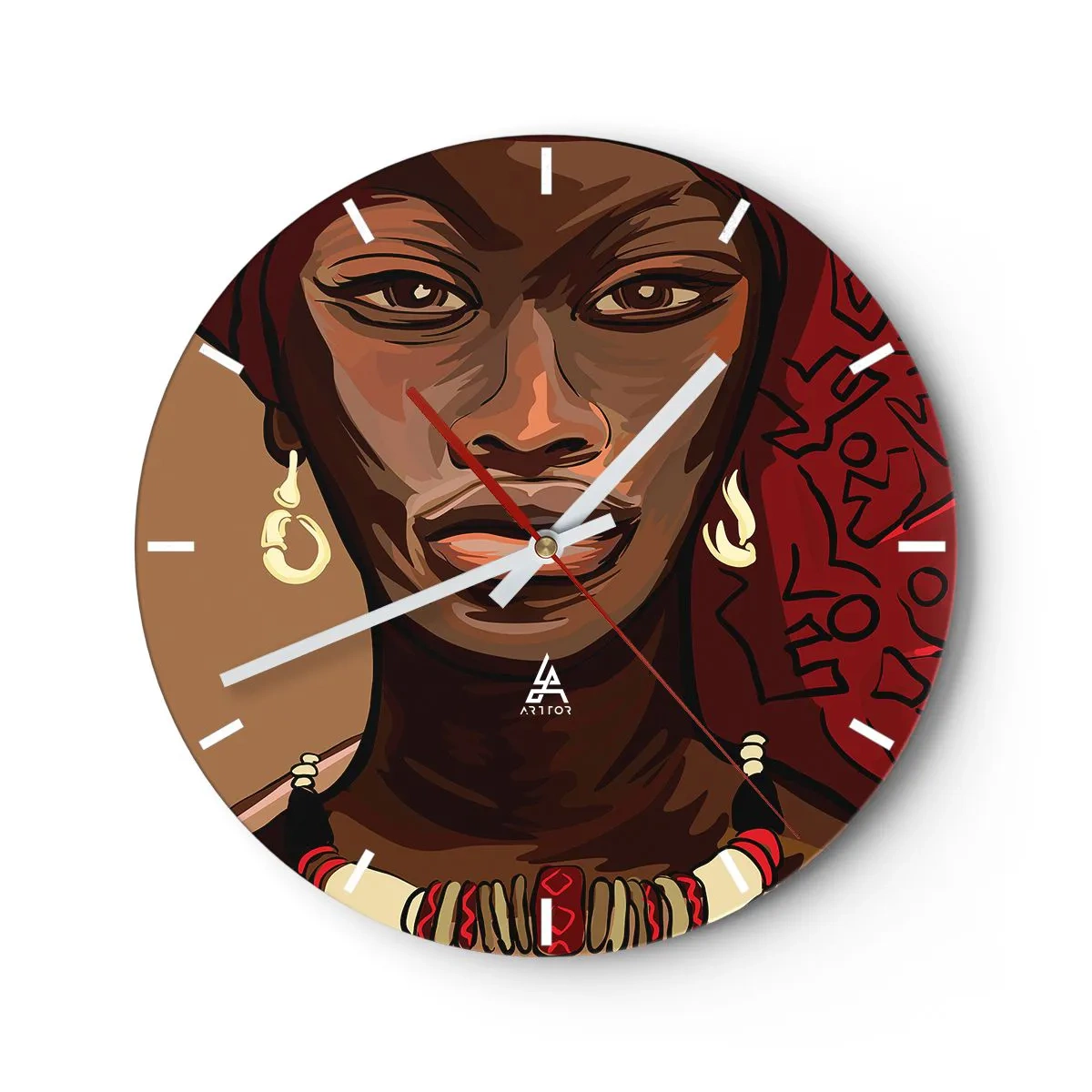 Wall clock - Clock on glass - Portrait of a woman in an African style with red accents - 30x30cm - Ebony Venus - Modern wall decoration for the living room, kitchen, and bedroom ARTTOR