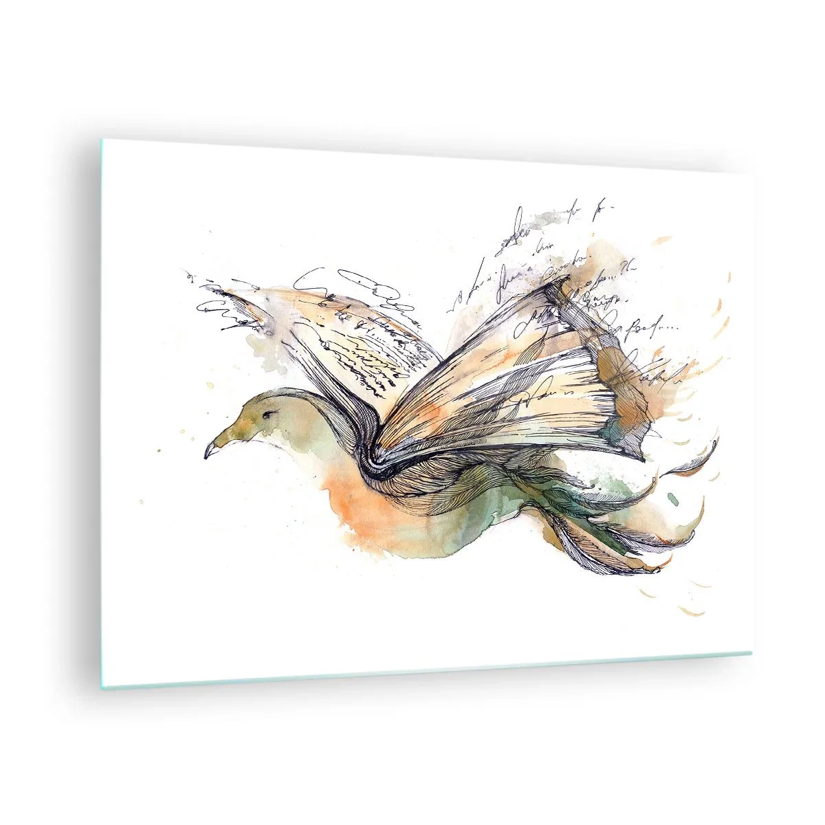Glass picture - A bird from an unrolled book, an artistic metaphor for knowledge - 70x50cm - On The Wings Of Poetry - Modern wall decoration for the living room and bedroom ARTTOR