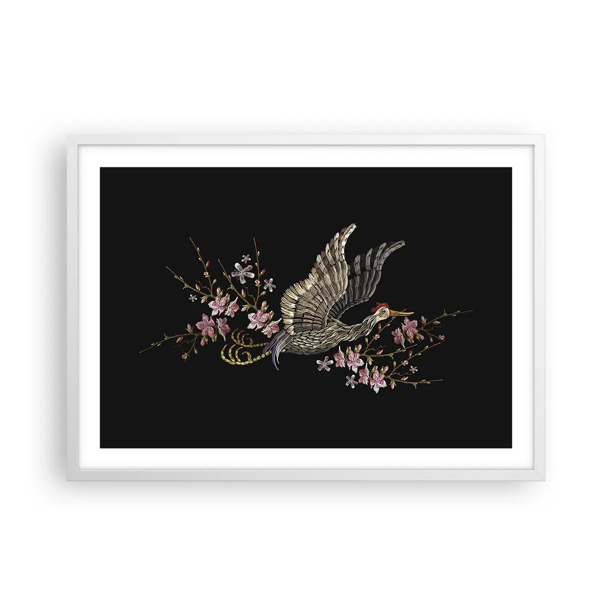 Poster in white frmae - Exotic, Embroidered Bird - 70x50 cm
