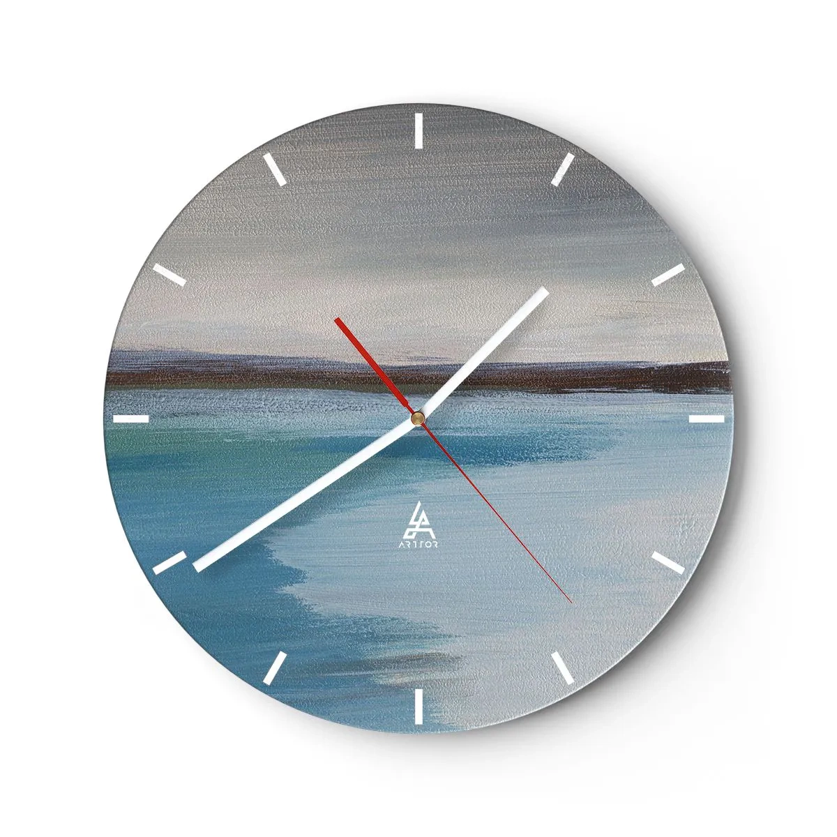Wall clock - Clock on glass - Abstract landscape with blue water and pastel sky - 30x30cm - Horizontal Landscape - Modern wall decoration for the living room, kitchen, and bedroom ARTTOR