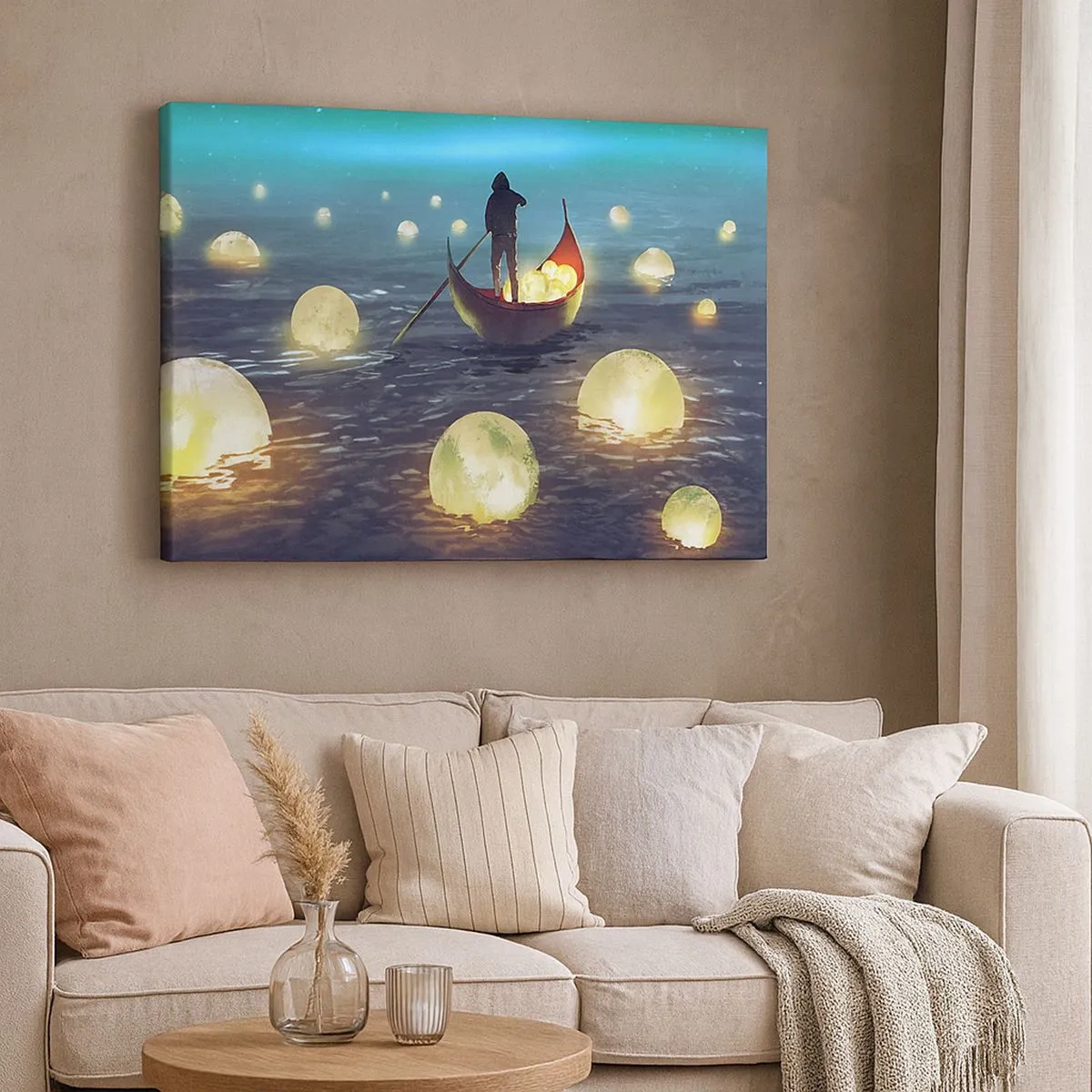Canvas picture - A figure in a boat surrounded by luminous balls on the water - 70x50cm - Things that Philosophers Did Not Dream About - Modern wall decoration for the living room and bedroom ARTTOR