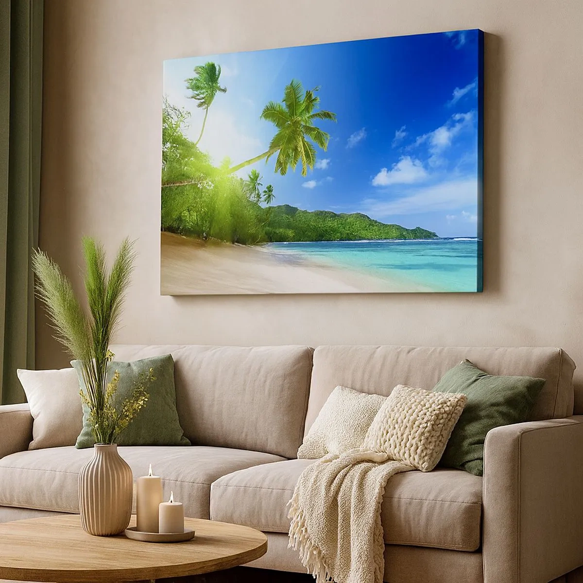 Canvas picture - Tropical beach with palm trees and turquoise sea - 70x50cm - Mild Touch of the Tropics - Modern wall decoration for the living room and bedroom ARTTOR