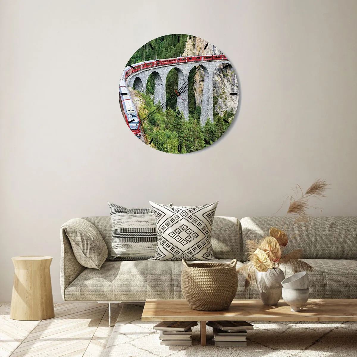 Wall clock - Clock on glass - A red train on a viaduct among mountain forests - 30x30cm - Time for Mountin Views - Modern wall decoration for the living room, kitchen, and bedroom ARTTOR