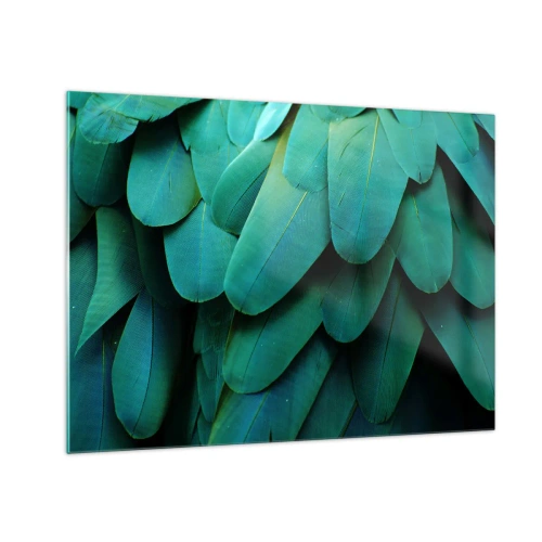 Glass picture - A close-up of a parrot's intensely green feathers. - 70x50cm - Precision of Parrot Nature - Modern wall decoration for the living room and bedroom ARTTOR