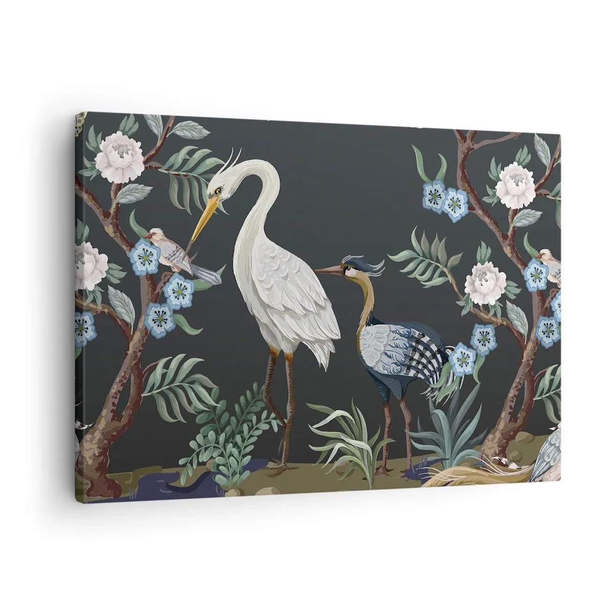 Canvas picture - Painted birds and plants on a dark background with an elegant pattern - 70x50cm - Bird Truth - Modern wall decoration for the living room and bedroom ARTTOR