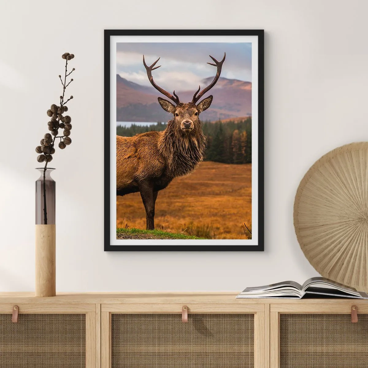 Poster in black frame - Photograph of a deer against a mountain landscape - 50x70cm - Majesty of Nature - Modern wall decoration for the living room and bedroom ARTTOR