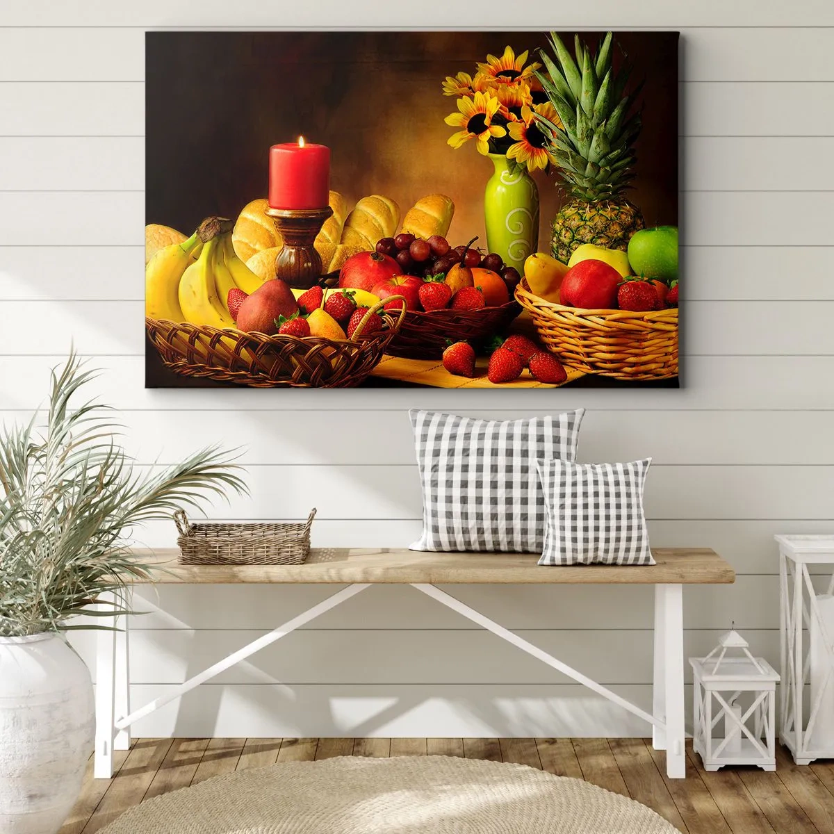 Canvas picture - Still life with fruit, bread, candle and flowers - 70x50cm - Still Nature with Bread and Fruit - Modern wall decoration for the living room and bedroom ARTTOR