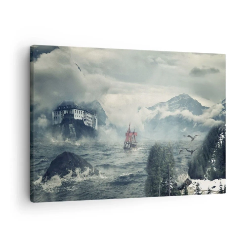 Canvas picture - mysterious landscape with a castle, mountains, and a ship - 70x50cm - On Magical Waters - Modern wall decoration for the living room and bedroom ARTTOR