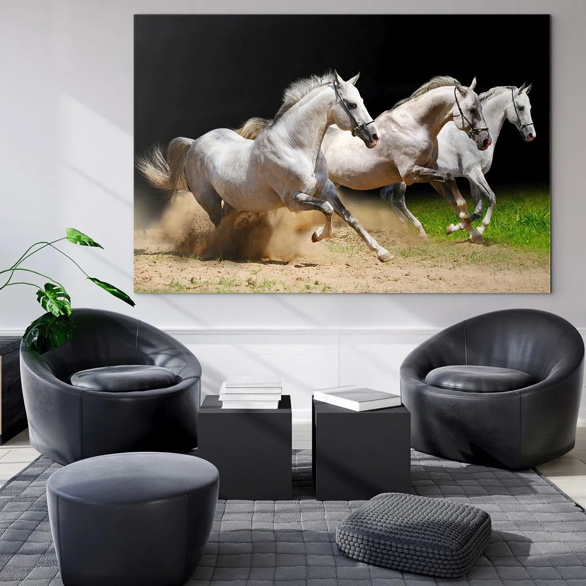 Glass picture - Three white horses galloping across the sandy ground - 70x50cm - The Three Graces - Modern wall decoration for the living room and bedroom ARTTOR