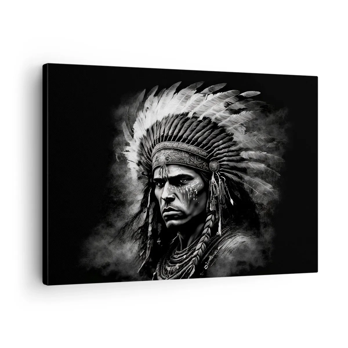 Canvas picture - Portrait of a chief in a feathered headdress against a black background - 70x50cm - Chief and Warrior - Modern wall decoration for the living room and bedroom ARTTOR