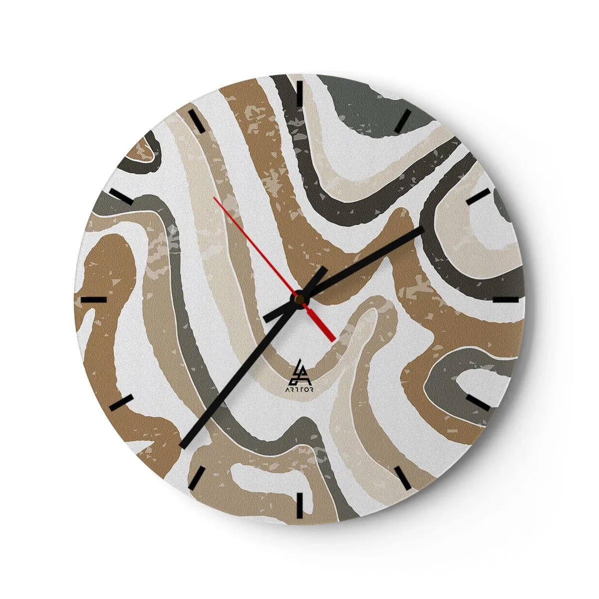 Wall clock - Clock on glass - Meandering earth-toned stripes on a white background - 30x30cm - Meanders of Earth Colours - Modern wall decoration for the living room, kitchen, and bedroom ARTTOR