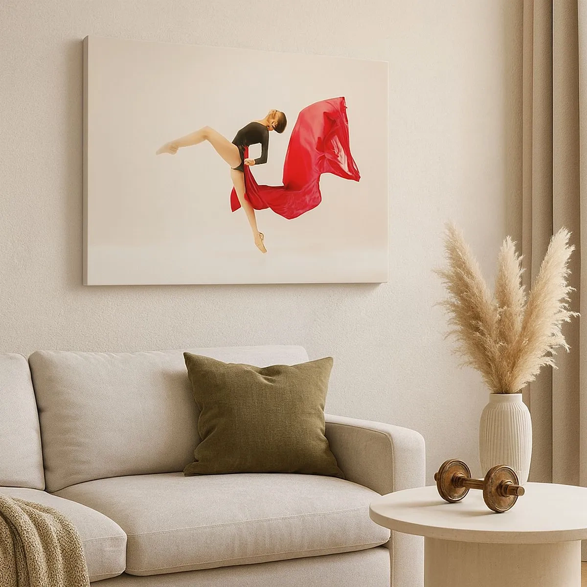Canvas picture - A dynamic dancer in a black outfit and red fabric in motion. - 70x50cm - Red and Black - Modern wall decoration for the living room and bedroom ARTTOR