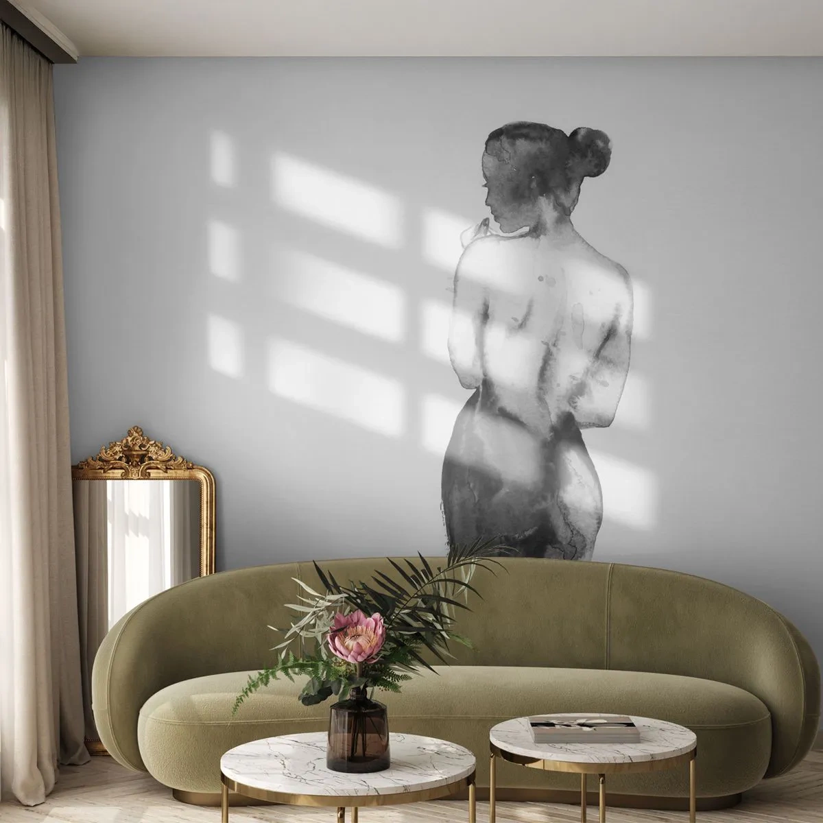 Photo Wallpaper Premium Sand - By Her Side the World Disappears - Woman, Woman's Body, Graphics - 100x70 cm