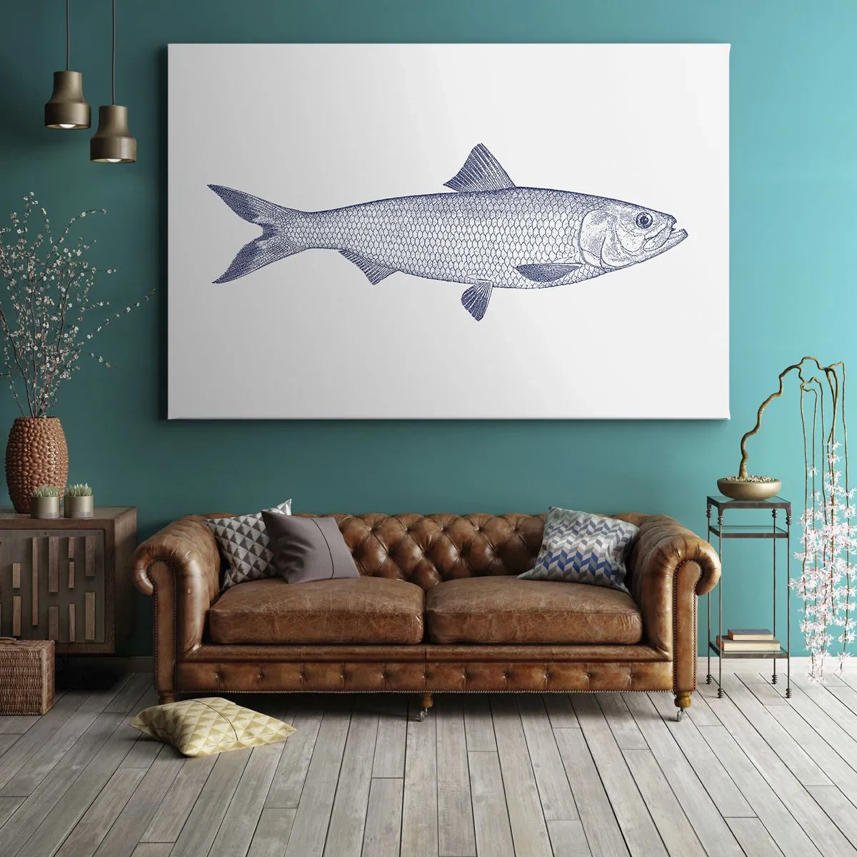 Canvas picture - Illustration of a fish in shades of blue on a light background - 70x50cm - Greetings From Northern Seas - Modern wall decoration for the living room and bedroom ARTTOR