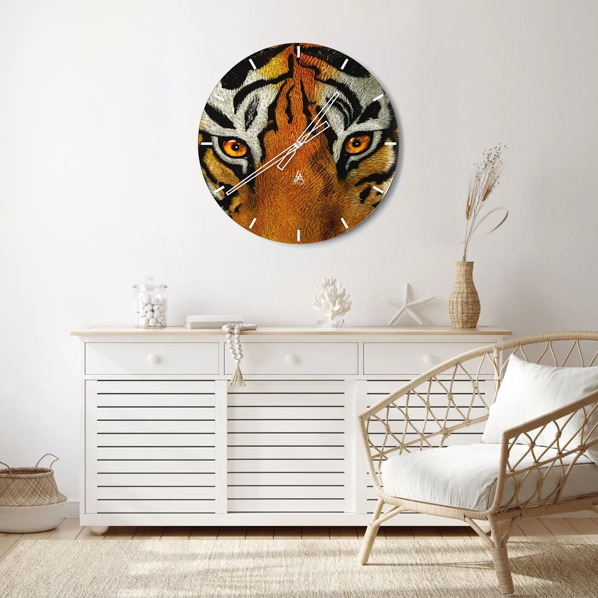 Wall clock - Clock on glass - A close-up of the tiger's intense gaze - 30x30cm - Fearsome and Beautiful - Modern wall decoration for the living room, kitchen, and bedroom ARTTOR