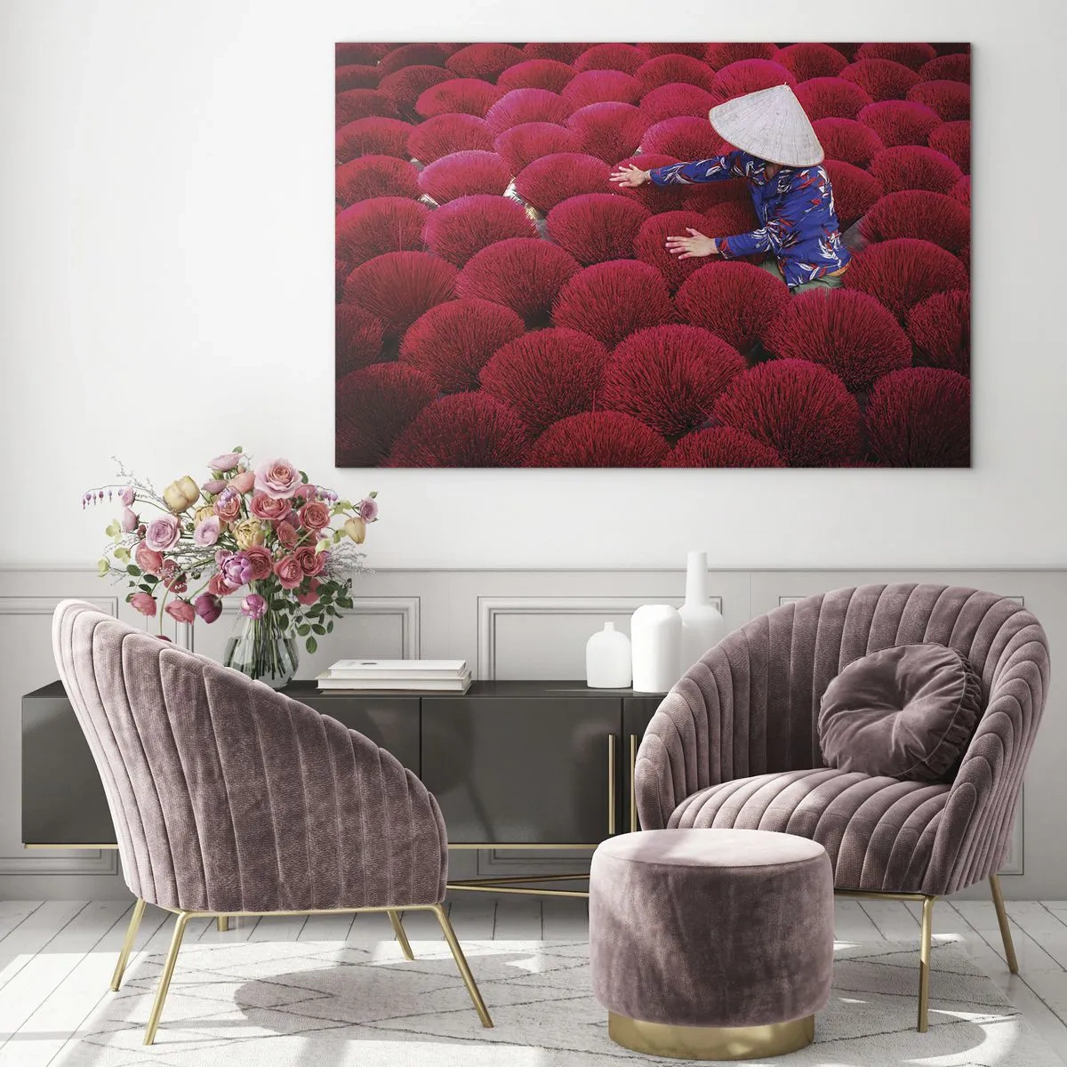 Glass picture - A worker among red incense sticks against a pattern background - 70x50cm - In the Rice Field  - Modern wall decoration for the living room and bedroom ARTTOR