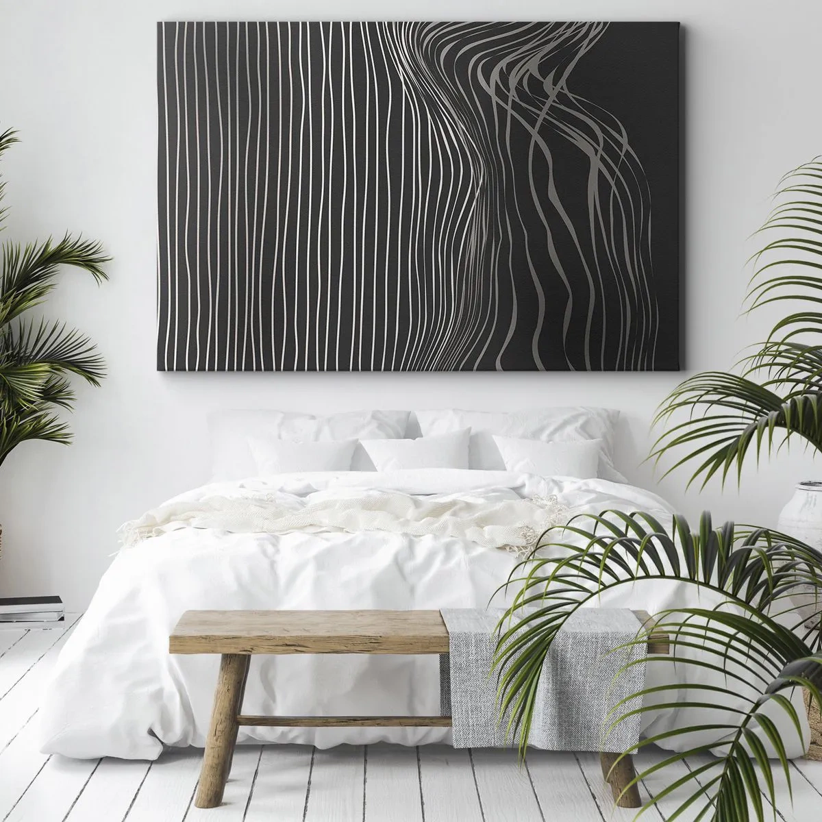 Canvas picture - White lines on a dark gray background in an abstract arrangement - 70x50cm - Rhythm and Accent - Modern wall decoration for the living room and bedroom ARTTOR