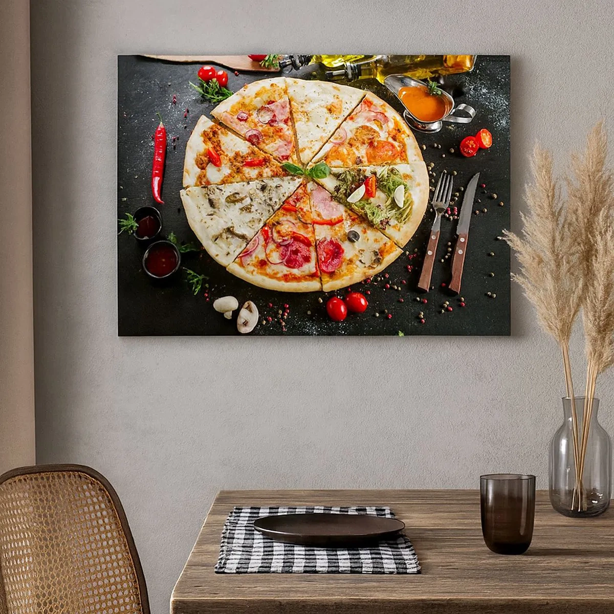 Canvas picture - Pizza in various flavors with a background of toppings - 70x50cm - Range of Flavours - Modern wall decoration for the living room and bedroom ARTTOR