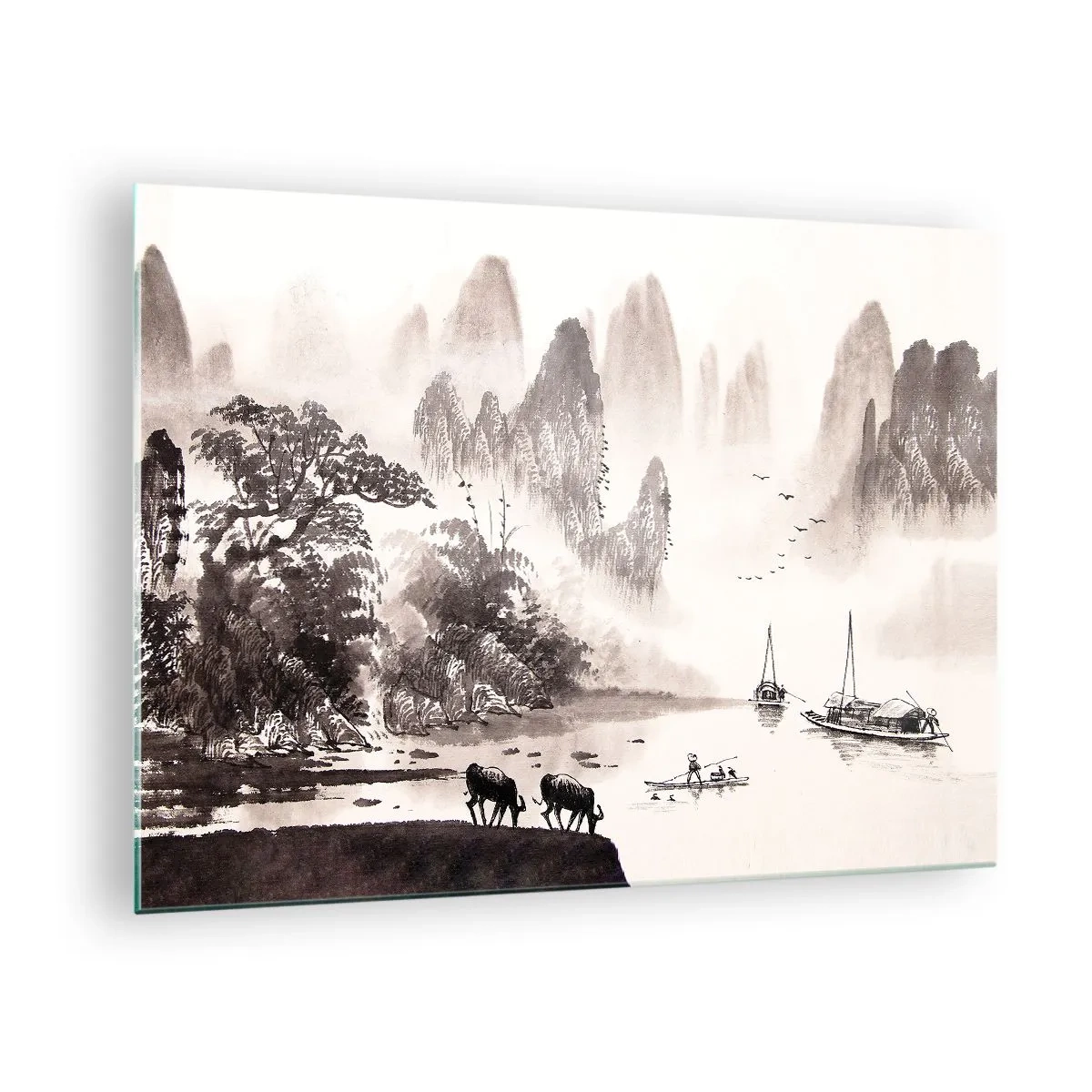 Glass picture - Chinese landscape with mountains, trees and water - 70x50cm - Everyday Life in the East - Modern wall decoration for the living room and bedroom ARTTOR