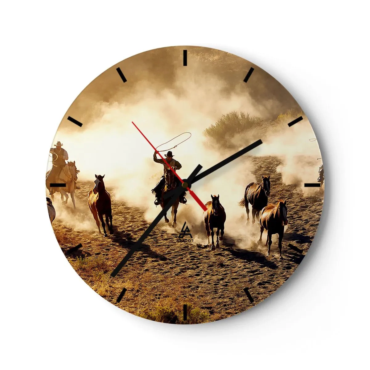 Wall clock - Clock on glass - Cowboys on horseback in action against a dusty background - 30x30cm - Really Wild West - Modern wall decoration for the living room, kitchen, and bedroom ARTTOR