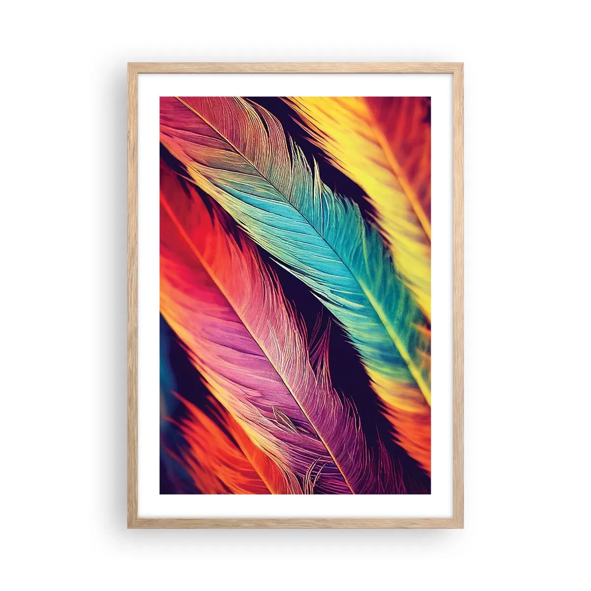 Poster in light oak frame - Feathered Rainbow - 50x70 cm
