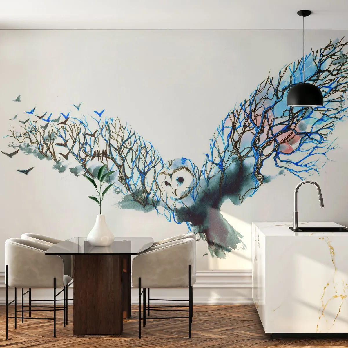 Self-Adhesive Photo Wallpaper Deluxe Sticker - On Wings of a Forest - Abstraction, Owl, Bird - 200x140 cm
