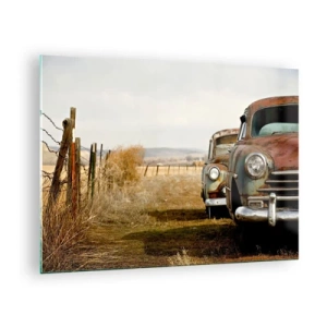 Glass picture - Vintage cars on a country road - 70x50cm - Deserved Break - Modern wall decoration for the living room and bedroom ARTTOR