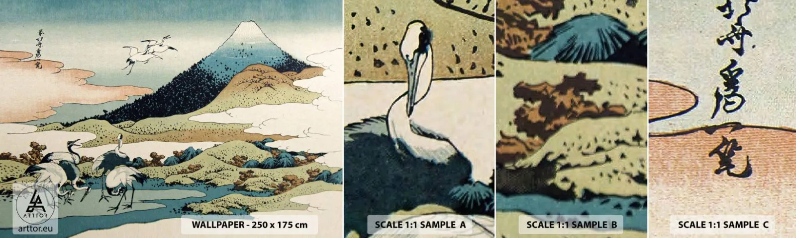 Photo Wallpaper Sample Self-Adhesive Deluxe Sticker - In a Japanese Spirit - Stork, Bird, Landscape - 100x30 cm