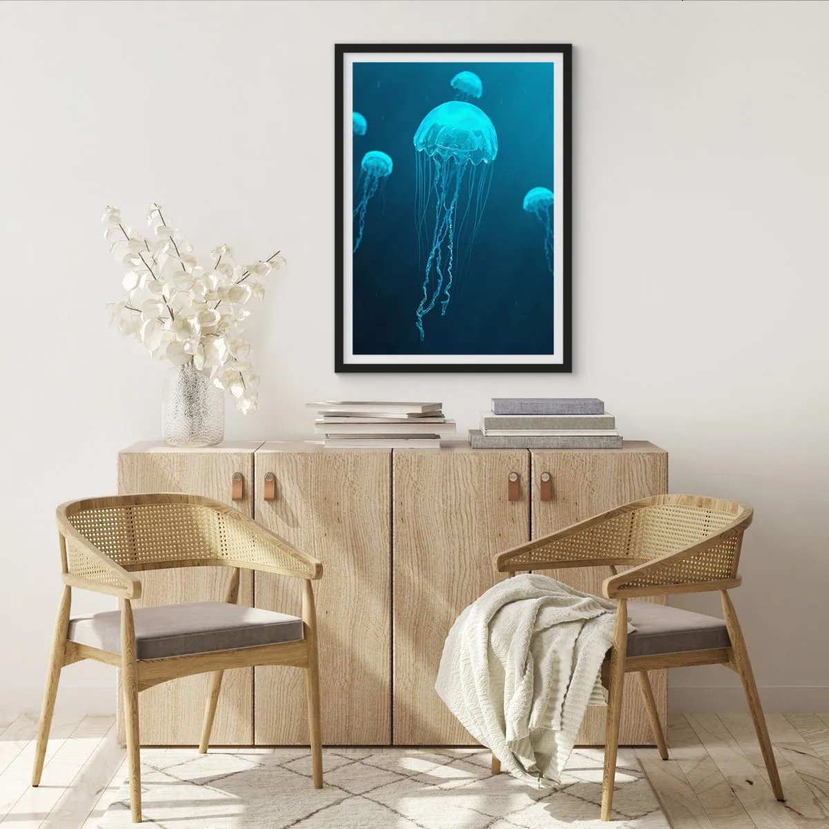 Poster in black frame - Jellyfish floating in the blue ocean waters - 50x70cm - Ocean Dance - Modern wall decoration for the living room and bedroom ARTTOR
