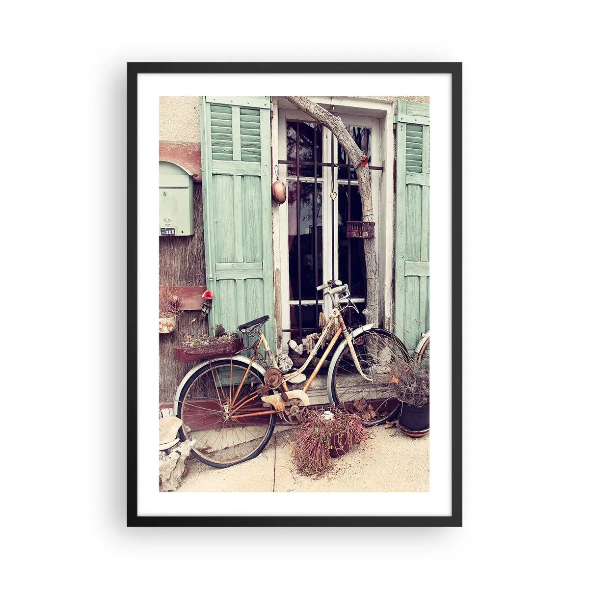 Poster in black frame - An old bicycle in front of wooden green shutters - 50x70cm - Long Live Province - Modern wall decoration for the living room and bedroom ARTTOR