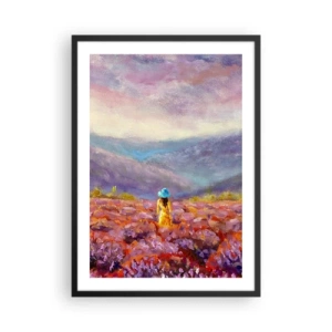 Poster in black frame - A lavender field with a woman wearing a hat against a mountain backdrop. - 50x70cm - In Lavendar World - Modern wall decoration for the living room and bedroom ARTTOR