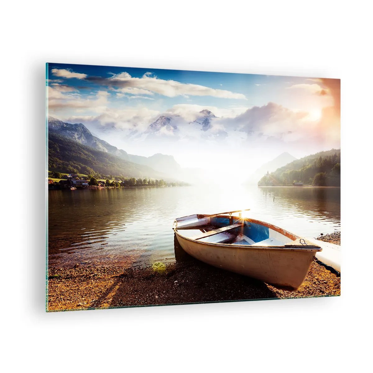 Glass picture - A boat on a lake surrounded by mountains at sunrise - 70x50cm - By the Great, Clear Waters - Modern wall decoration for the living room and bedroom ARTTOR