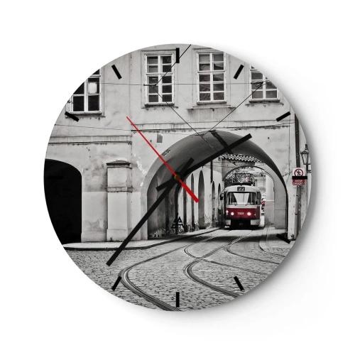 Wall clock - Clock on glass - A tram passing through an arch in a monochromatic style. - 30x30cm - Through City Labirynth - Modern wall decoration for the living room, kitchen, and bedroom ARTTOR