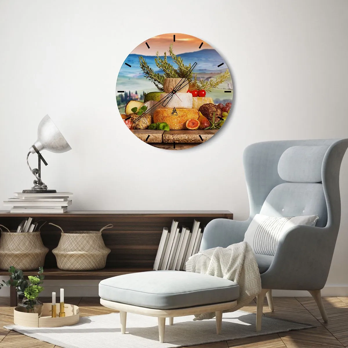 Wall clock - Clock on glass - Cheese board with accompaniments against a landscape background - 30x30cm - Italian Joie de Vivre - Modern wall decoration for the living room, kitchen, and bedroom ARTTOR