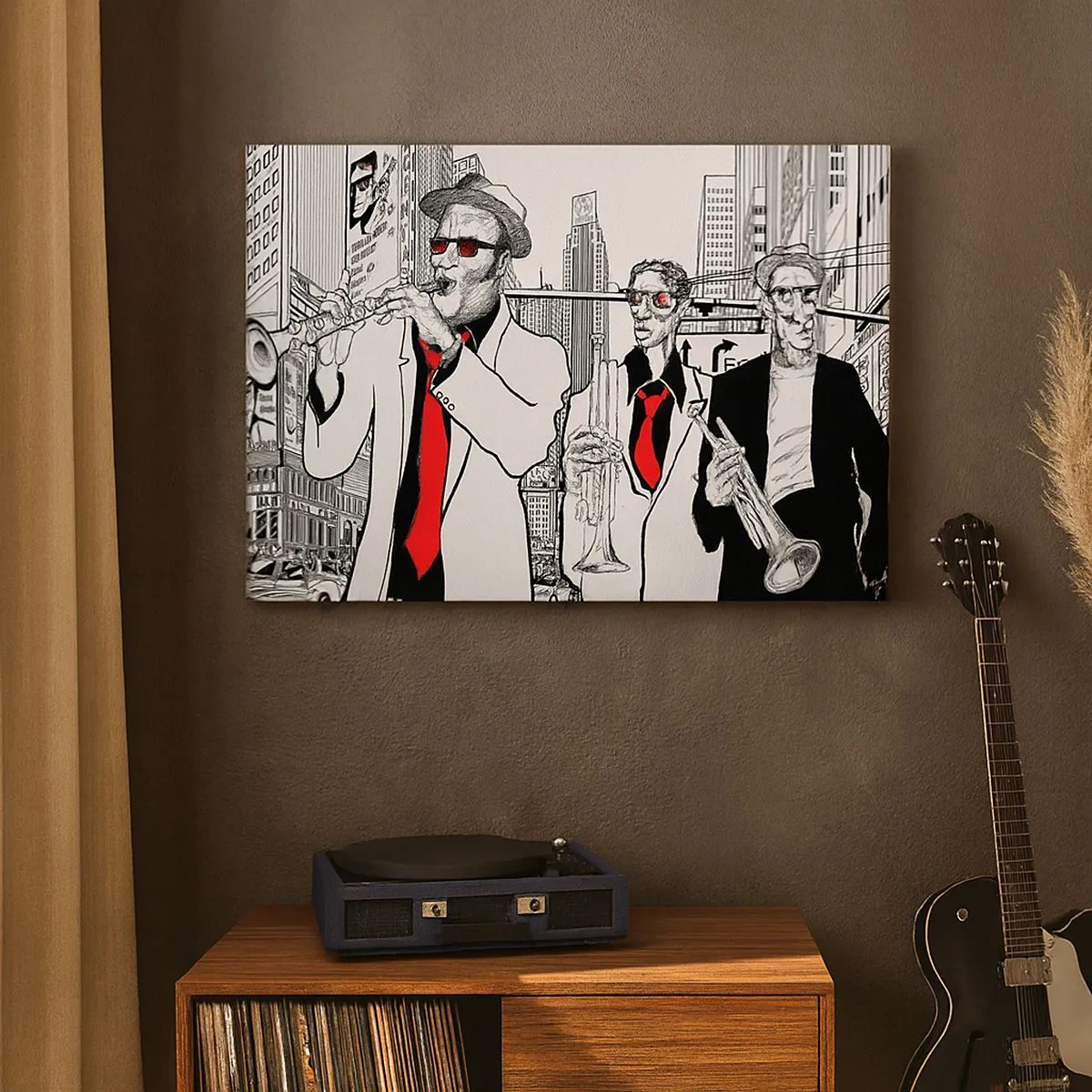 Canvas picture - Illustration of jazz musicians against an urban backdrop - 70x50cm - City Rhapsody in Black and Red - Modern wall decoration for the living room and bedroom ARTTOR