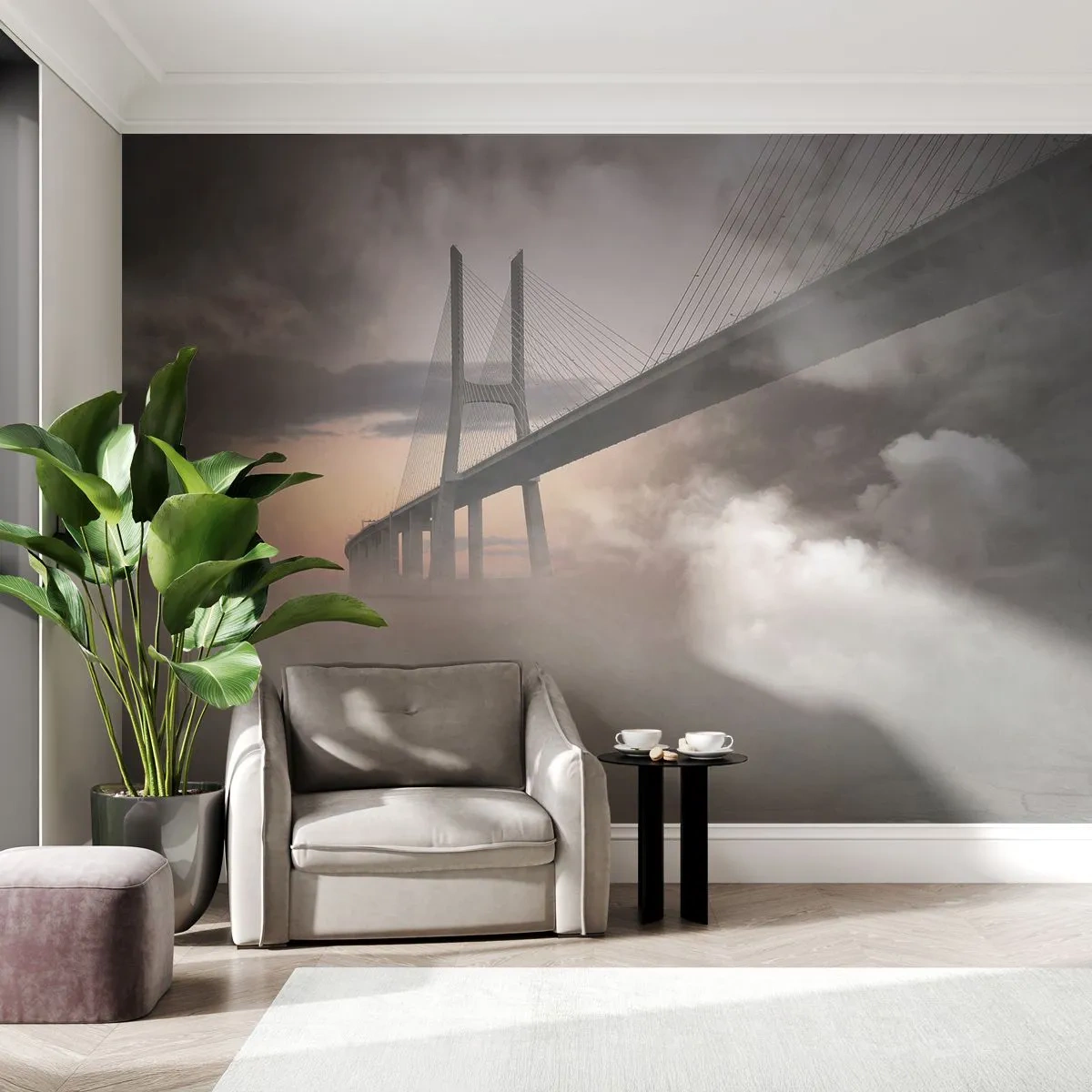 Photo Wallpaper Standard Eco - By the River that Doesn't Exist - Landscape, Bridge, Architecture - 450x315 cm