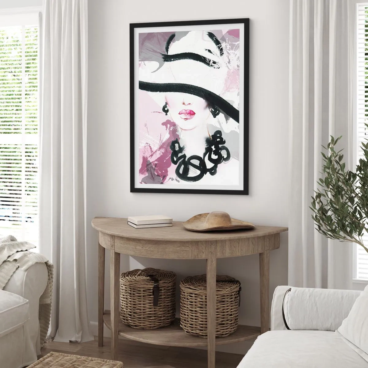 Poster in black frame - Portrait of a Lady in Black and Pink - 30x40 cm