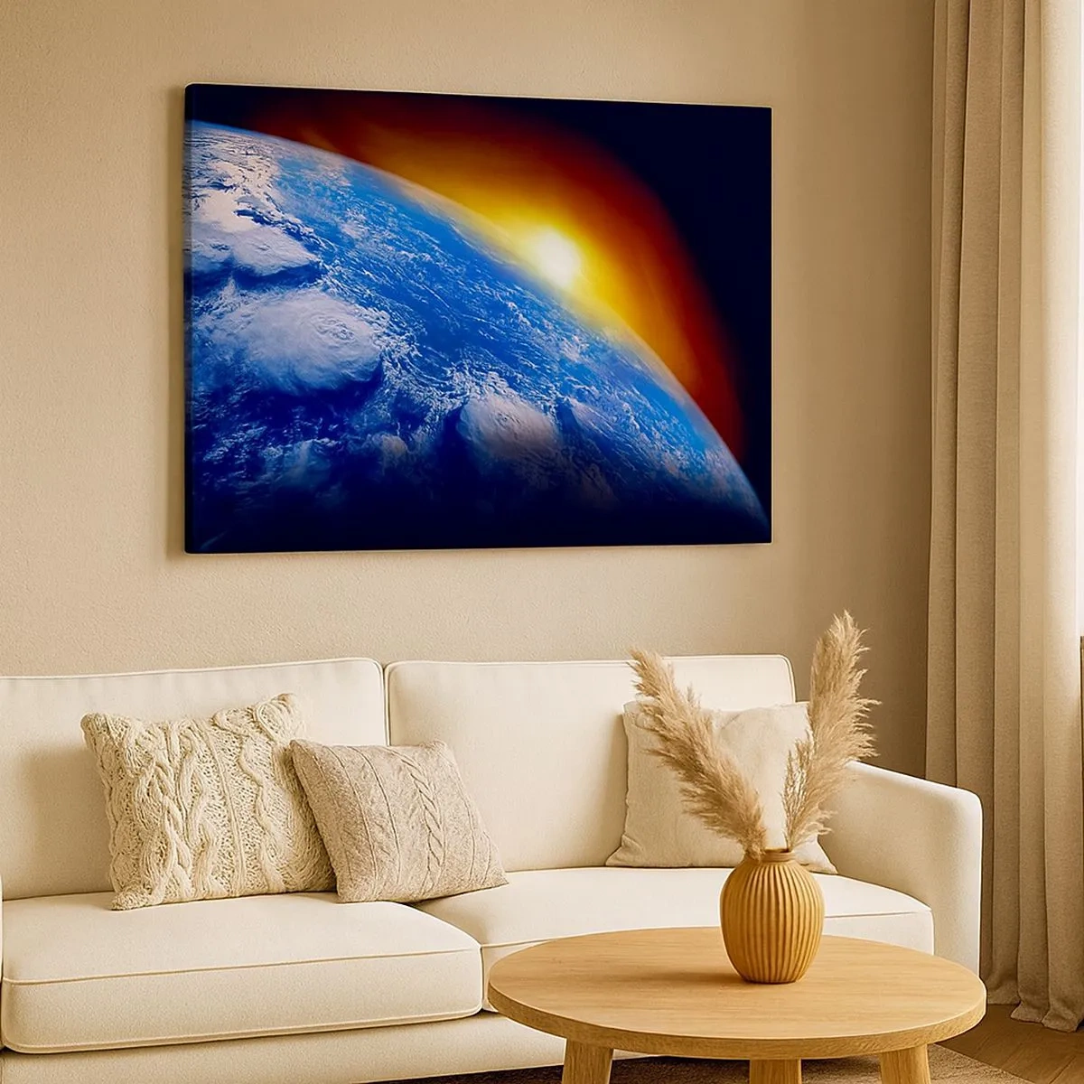 Canvas picture - View of Earth from space at sunset - 70x50cm - Sunrise by the Blue Planet - Modern wall decoration for the living room and bedroom ARTTOR