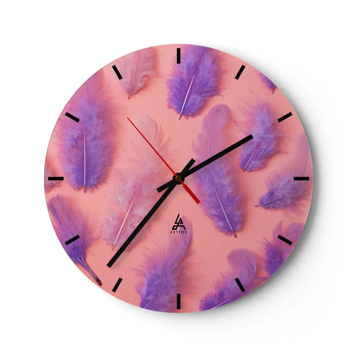 Wall clock - Clock on glass - Purple feathers on a pink background - 30x30cm - Lilac Bird of Desire - Modern wall decoration for the living room, kitchen, and bedroom ARTTOR
