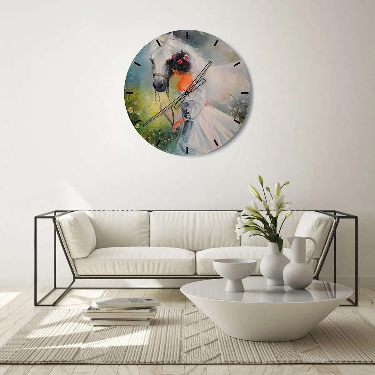 Wall clock - Clock on glass - A woman in a white dress with a white horse in a meadow - 30x30cm - Like from a Beautiful Dream - Modern wall decoration for the living room, kitchen, and bedroom ARTTOR