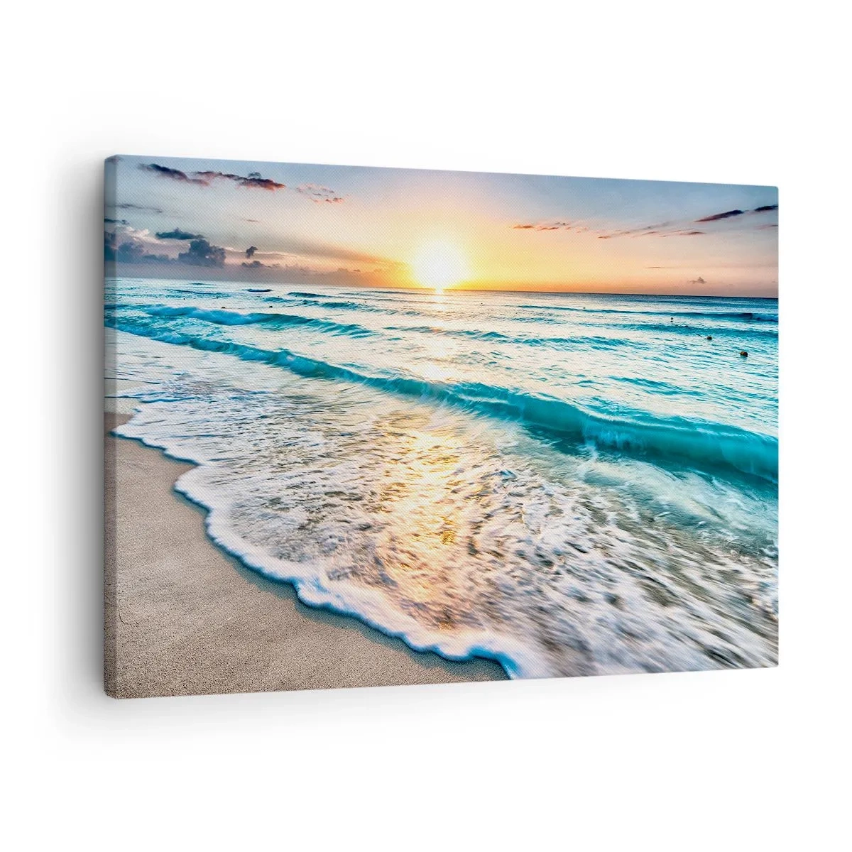 Canvas picture - Sunrise over a quiet beach with waves - 70x50cm - Sunset View - Modern wall decoration for the living room and bedroom ARTTOR
