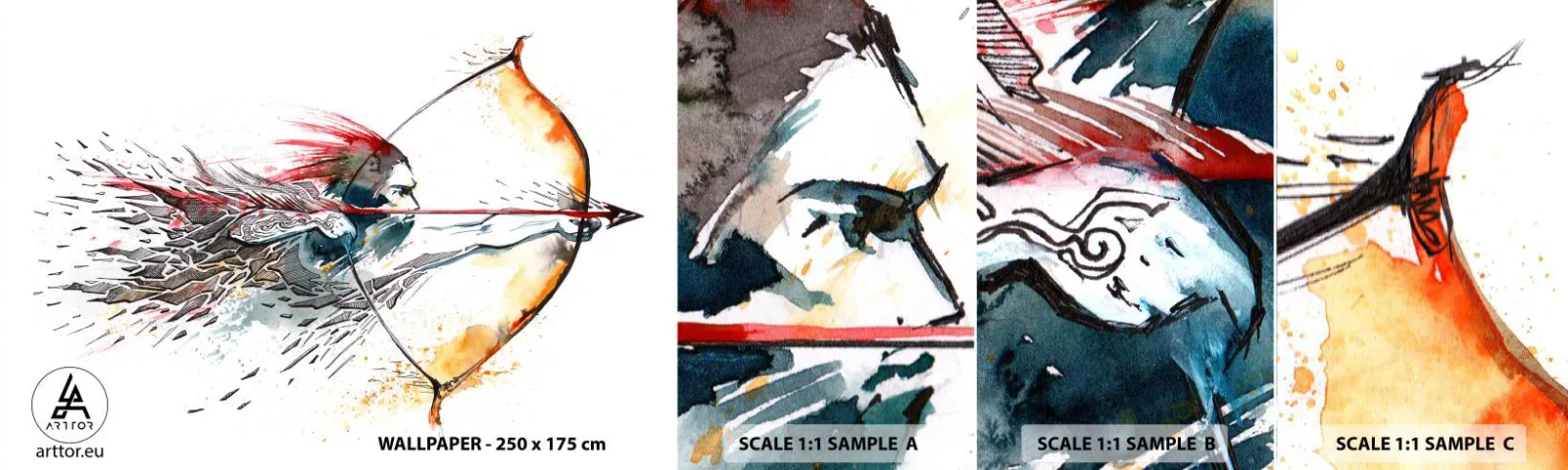 Photo Wallpaper Sample Self-Adhesive Deluxe Sticker - Mythical Warrior with a Fiery Bow - Abstraction, Gunman, Bow Shot - 100x30 cm