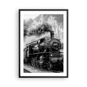 Poster in black frame - A steam locomotive with rising steam in a mountainous setting - 50x70cm - Standing at the Station... - Modern wall decoration for the living room and bedroom ARTTOR