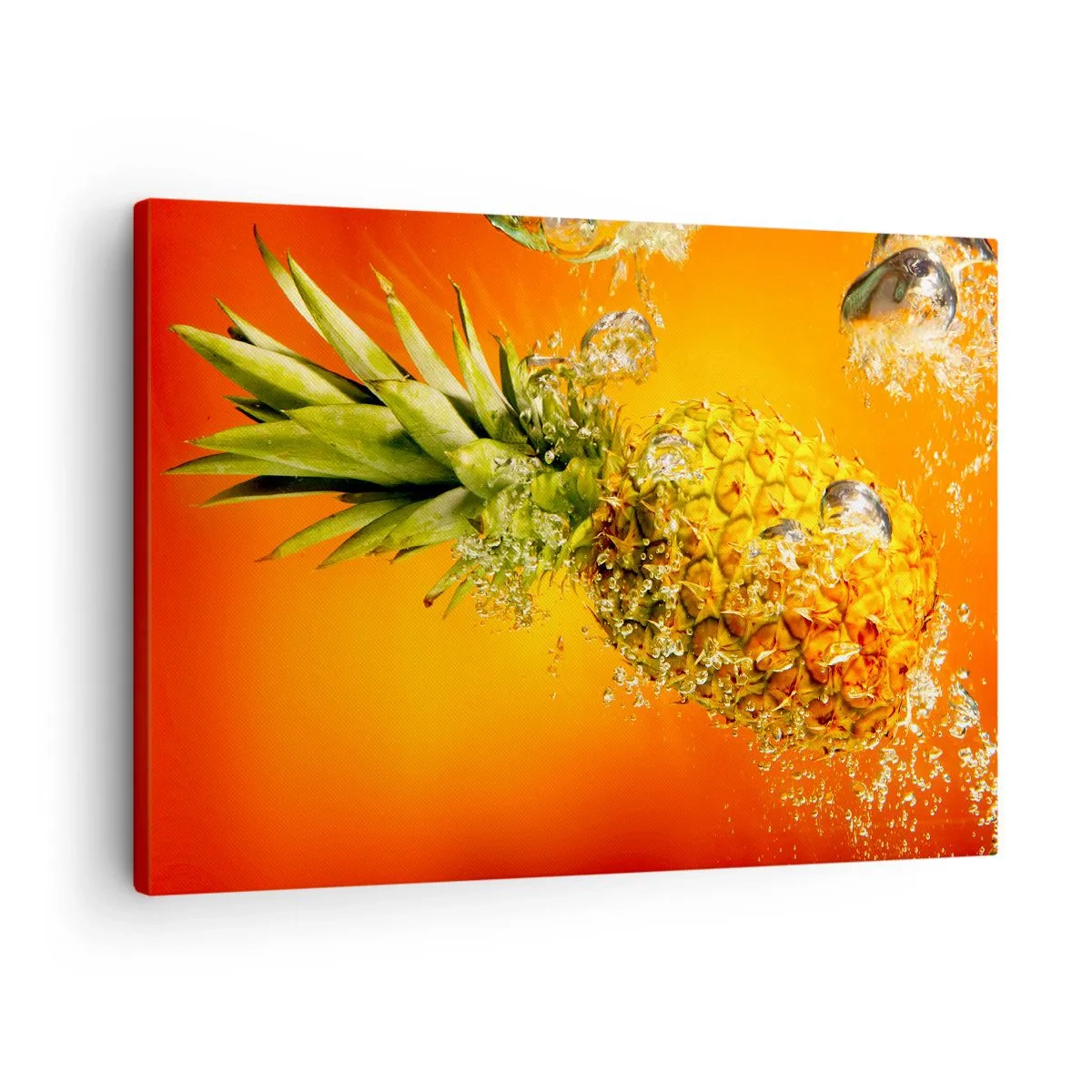 Canvas picture - pineapple submerged in water against an orange gradient background. - 70x50cm - Tropical Juicy Freshness - Modern wall decoration for the living room and bedroom ARTTOR